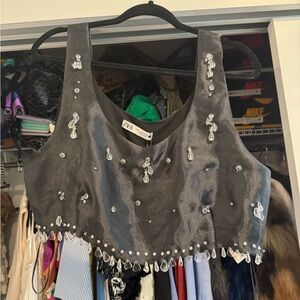 Zara Black Embellished Sleeveless Crop Tank Top